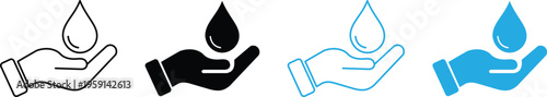 Set of hands holding a water droplet icons. Vector graphic symbols for water conservation, environmental protection, and sustainable care of natural resources isolated on transparent background.