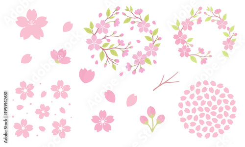 春を彩る桜の花と花びらのイラストセット。おしゃれなフレームやパーツの詰め合わせ