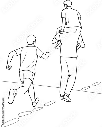 Man running alongside a friend carrying another person on shoulders following footprints line art illustration