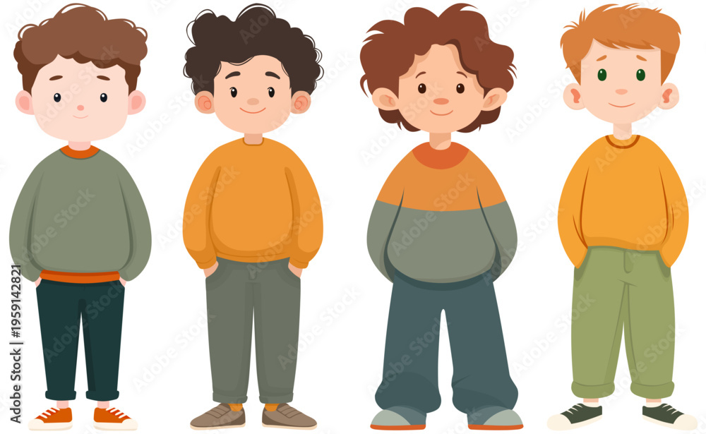 Fototapeta premium Cartoon boys character set colorful simple vector collection
