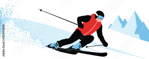 Dynamic skier carving through snow on mountain slope in winter sports action scene with speed and alpine adventure