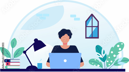 A woman works on her laptop at a desk with plants and a lamp