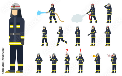 フラットイラスト：黒い消防服の消防士セット