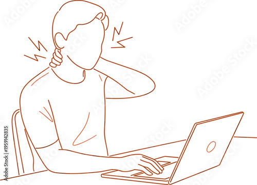 Person experiencing neck pain while working on laptop at desk illustrating poor posture strain and workplace ergonomics issues