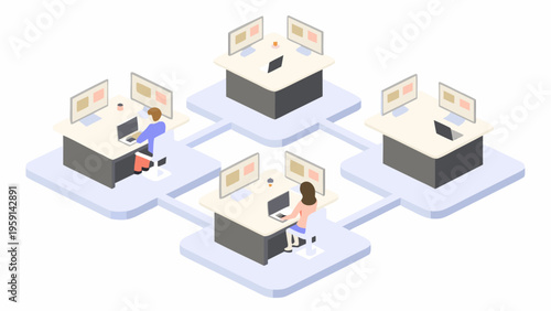 An isometric illustration of people working at connected office desks