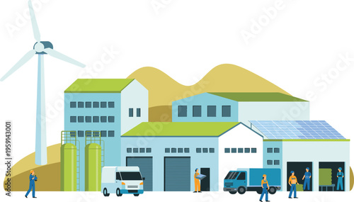 Green energy industrial facility with wind turbine and solar panels promoting sustainable production and clean power