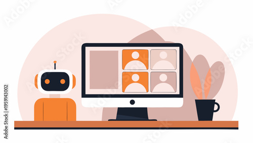 A robot participates in a virtual meeting on a computer screen