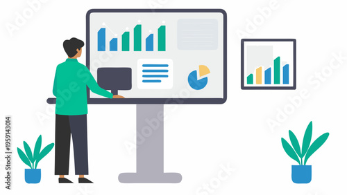 A man in a green shirt analyzes data on a large computer screen