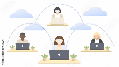A vector graphic illustration of people connected online with laptops and clouds