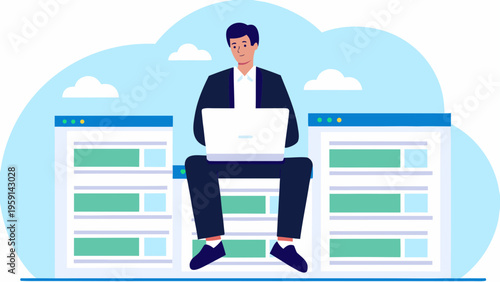 A businessman sitting on a server with a laptop in a cloud