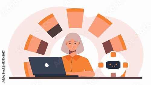 A woman works on a laptop with a robot and books nearby