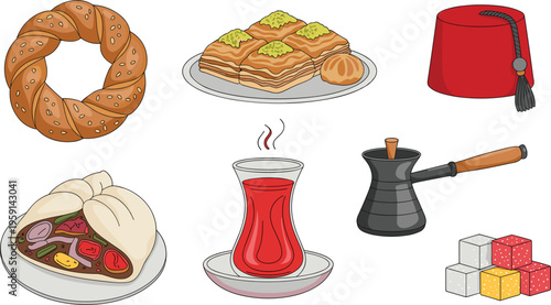 Traditional Turkish food and tea set with pastries coffee and cultural cuisine elements illustration
