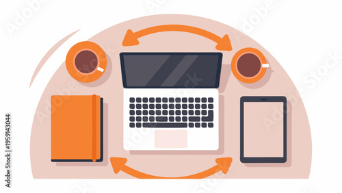 A minimalist vector graphic of a laptop and office supplies on a desk