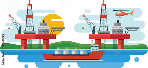 Offshore oil platform with cargo ship and helicopter illustrating industrial energy production and logistics