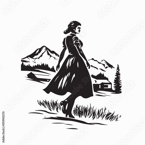 Woman Wearing Traditional Dirndl Dress in Grass Field Silhouette Vector