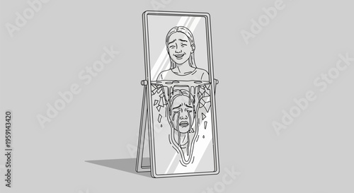 Vector illustration of a glass prism with two faces smiling and sad on a gray background