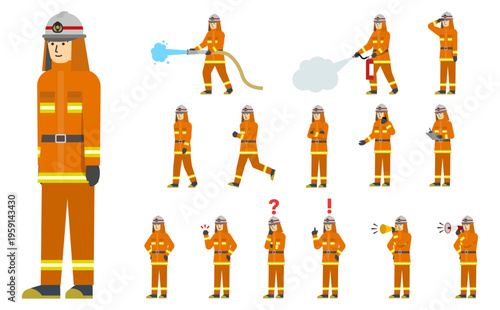 フラットイラスト：オレンジの消防服の消防士セット(表情あり)