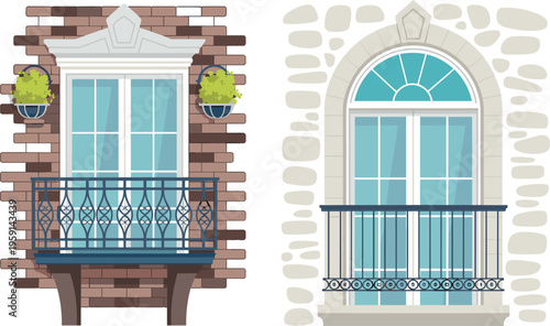 Classic building facade windows with plants in window boxes adding greenery and cozy urban aesthetic