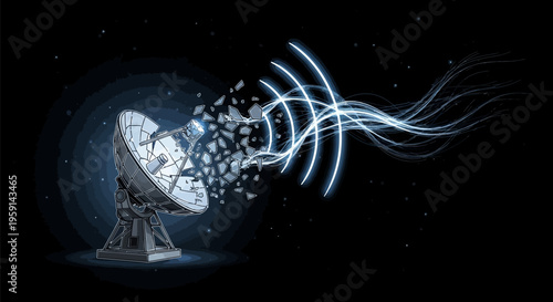 Satellite dish transmitting signal with blue lines and waves in space at night