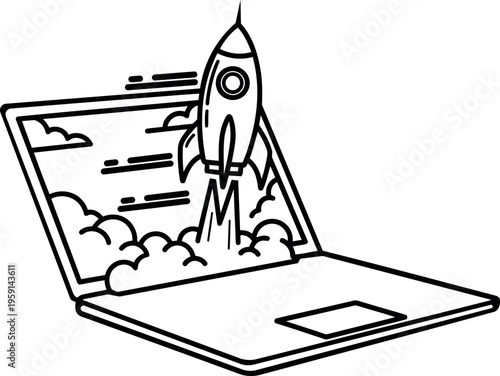 Vector illustration of a rocket launching from a laptop screen, symbolizing startup, business growth, digital innovation, and success