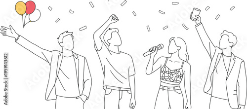 Group of friends celebrating with confetti balloons and music enjoying party atmosphere full of joy