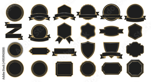Collection of Black Emblems, Badges, and Labels with Gold Borders on White Background