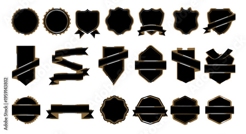 Collection of Black Emblems, Badges, and Banners with Gold Trim
