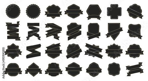 Collection of Black Emblems, Badges, and Ribbons - Vector Graphic Elements