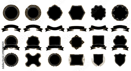 Collection of Black Emblems, Badges, and Ribbons - Vector Set