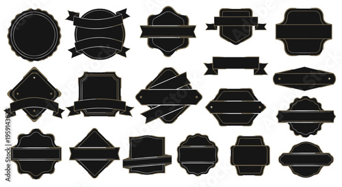 Collection of Black Emblems, Badges, and Ribbons - Vintage Design Elements