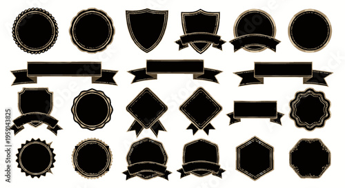 Collection of Black Emblems, Badges, and Ribbons - Vector Set