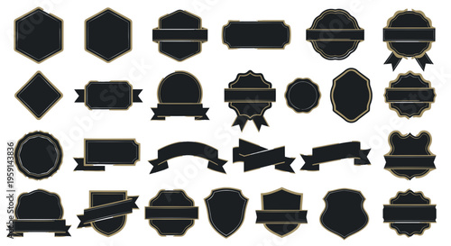 Collection of Black Emblems, Badges, and Ribbons on White Background - Graphic Resources