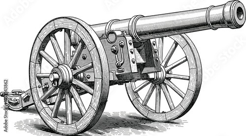 Antique cannon engraving illustration, vintage military artillery weapon with wooden wheels, historic war equipment vector drawing isolated on light background