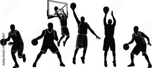 Basketball action silhouettes vector illustration, dribbling dunking shooting and jumping players set, black athlete figures isolated, dynamic sports collection for design