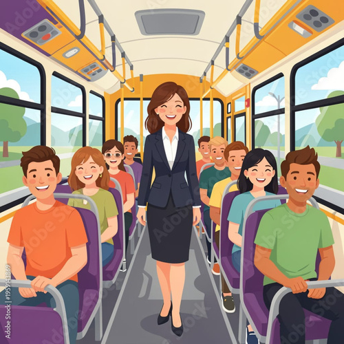Bus Interior with Smiling Passengers and Businesswoman Vector Illustration
