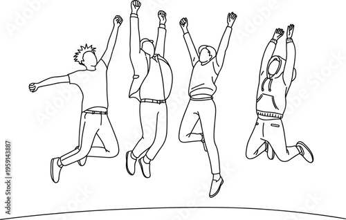 Group of friends jumping in the air celebrating success with joy energy and freedom together