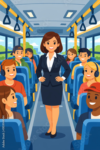 Public Bus Interior with Passengers and Standing Woman Vector Illustration