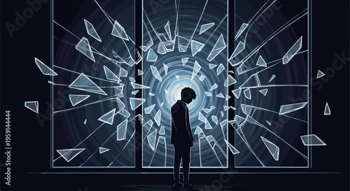 Man stands before shattered glass door with bright light behind symbolizing opportunity and transformation