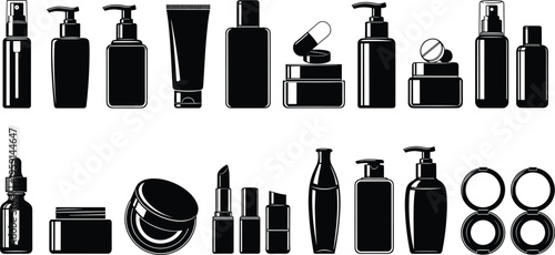 Cosmetic packaging silhouettes collection, beauty skincare and makeup container set, bottles jars tubes and dispensers vector illustration isolated on background