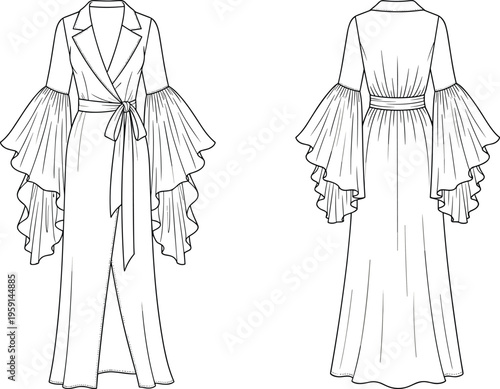 Elegant wrap maxi dress front and back outline template, dramatic bell sleeve fashion mockup, cad drawing flat vector illustration