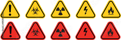 Collection of hazardous warning signs in yellow and red triangles and circles, featuring symbols for biohazard, radiation, electricity, and fire