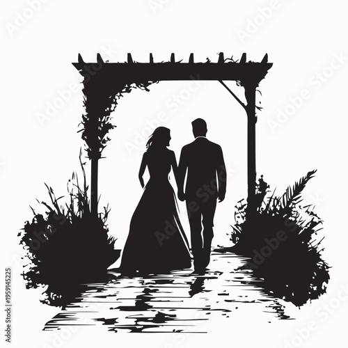 Bride and Groom Walking Together Silhouette Wedding Celebration Vector