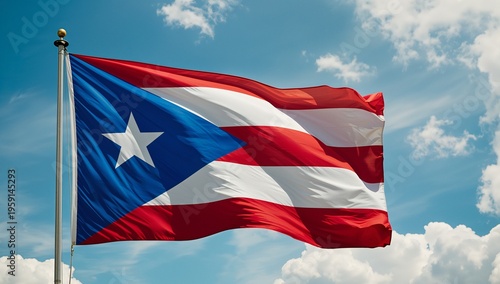 Puerto Rican flag waving in sky.