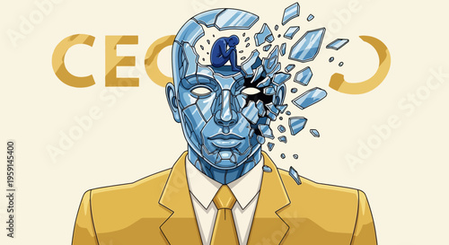Businessman with shattered blue face and yellow suit explodes in pieces stressed ceo concept