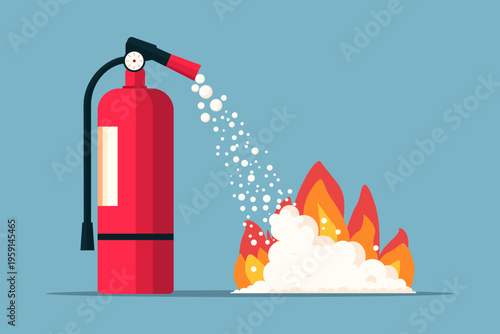 Red fire extinguisher for extinguishing fires. Concept for fire safety and emergency response training. Vector illustration of accident-related hazard protection.