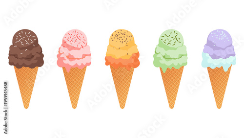 Set of ice cream cones with different flavors: chocolate, pistachio, vanilla, and fruit. A scoop of ice cream and a waffle cone with various toppings. Vector illustration for takeout menus and cafes