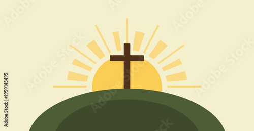 Christian Cross on a Hill with Sunrise Background Minimalist Illustration