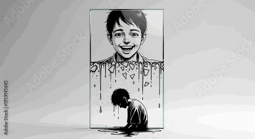 Sad child kneeling alone contrasting with happy face above expressing emotions and inner turmoil in black and white