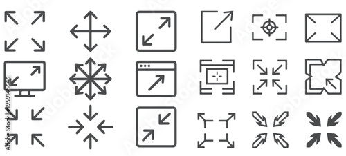 Full screen vector black icons. Set of full screen and exit full screen icon. Arrow mark icons. Scalability icons in flat style for web site, UI, mobile app. Vector illustration