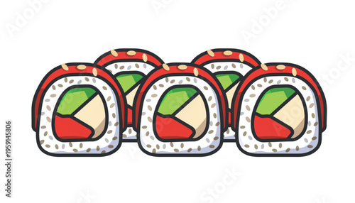 Cute cartoon sushi roll slices arranged in a row with smiling faces, featuring colorful fillings like avocado and fish in a clean, playful vector style